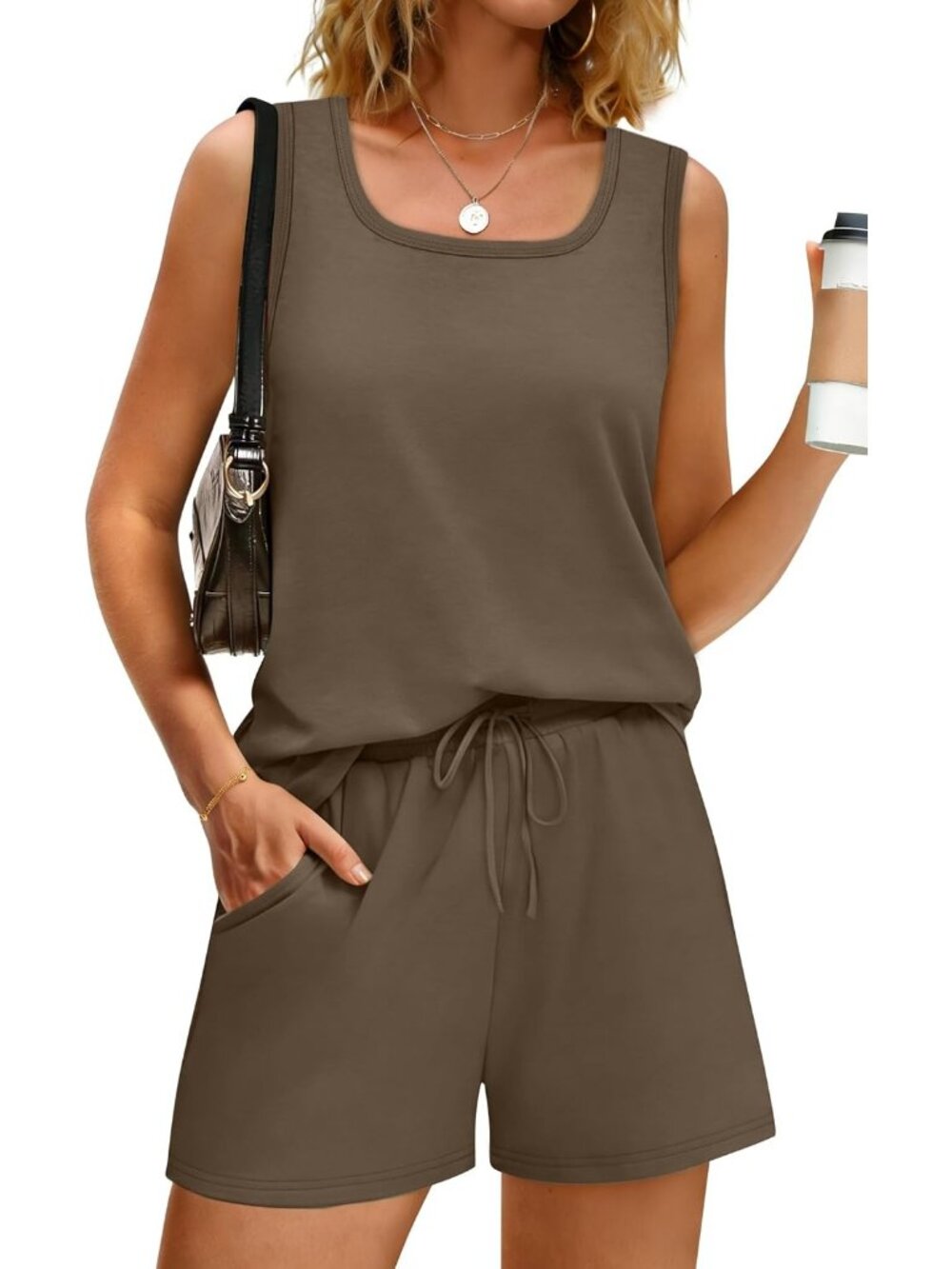 🆕Women Brown 2 Piece Sets Summer Lounge Short Sets Tank Square Neck Sleeveless - Picture 2 of 5
